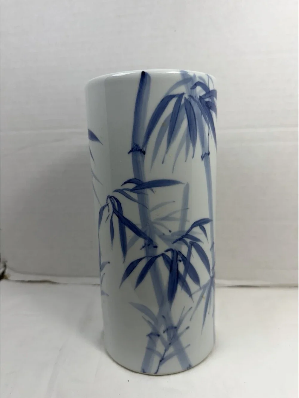 Vintage Japanese Sometsuke Blue White Ceramic Cylinder Vase Hand Painted Bamboo